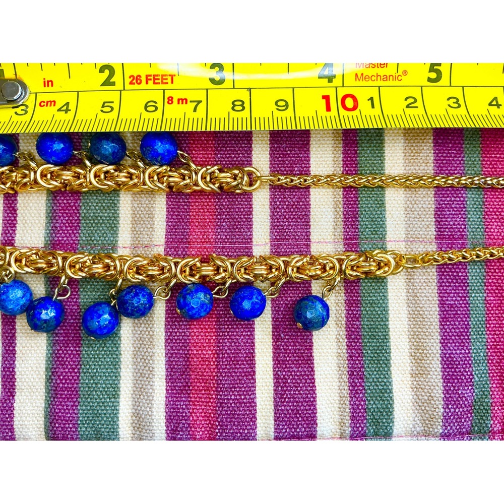 Gold Tone Chain Necklace with Lapis Lazuli Style Blue Bead Dangles - Picture 3 of 7